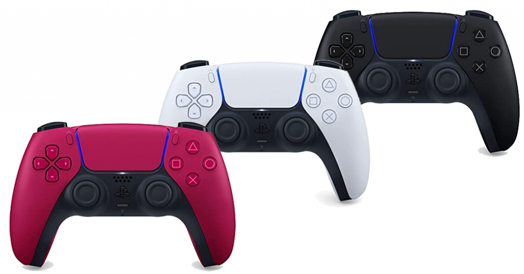 For Fathers Day, Get your Dad the new Playstation 5 Controller has the new colors red and black, shown here with the original white controller.